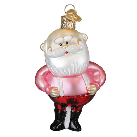 Glass ornament of a Santa Claus figure from Rudolph the red nose reindeer with a pink jacket on a white background