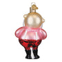 Decorative glass ornament shaped like a bear with a pink dress on a white background