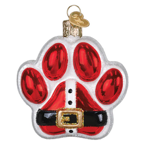 Decorative ornament shaped like a red paw print with a gold buckle on a white background