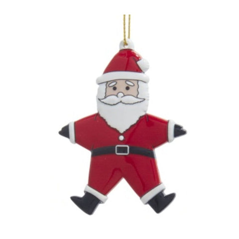 Star-shaped Santa ornament wearing a red suit and hat with black boots, black gloves, and a gold hanging cord.