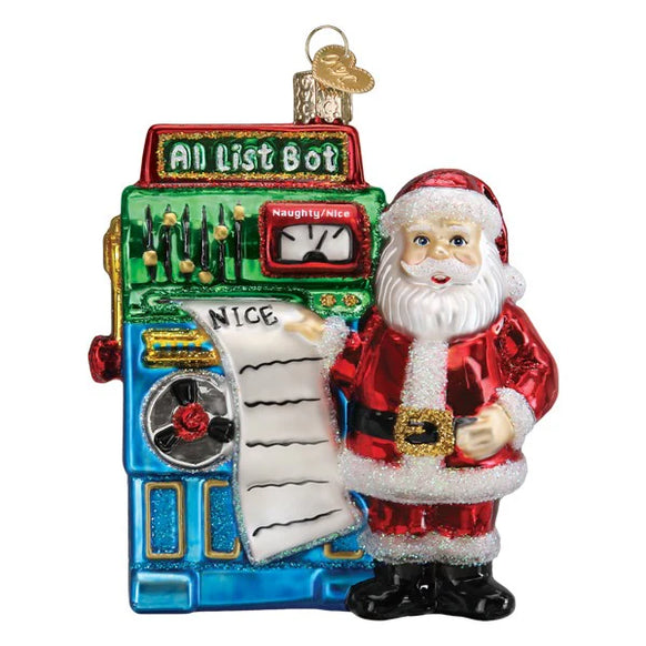 Decorative ornament of Santa Claus with a AI  bot machine on a white background
