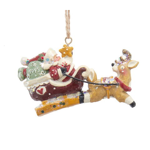 Santa riding in a glittered gift-filled sleigh pulled by a running reindeer ornament.