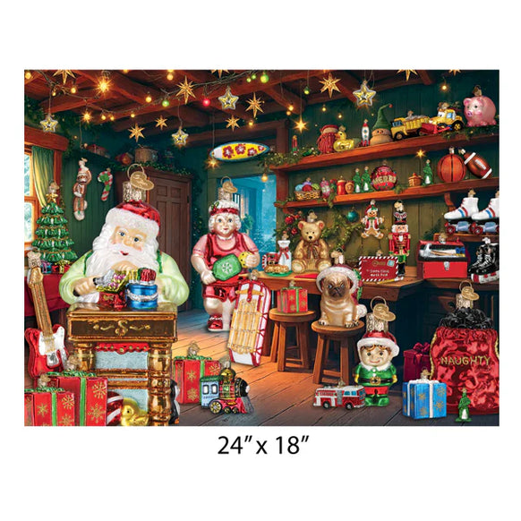 Decorative Christmas scene puzzle with Santa Claus, toys, and ornaments. 