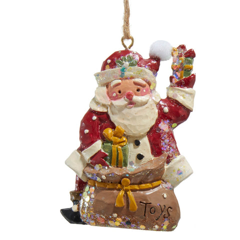 Vintage-style Santa Christmas ornament with red suit, toy bag, and twine hanger
