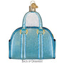 Blue handbag ornament with gold accents on a white background