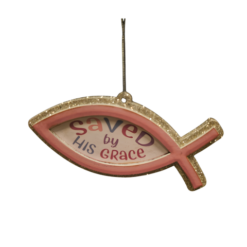 Pink and gold glitter ichthys ornament with the words Saved by His Grace.