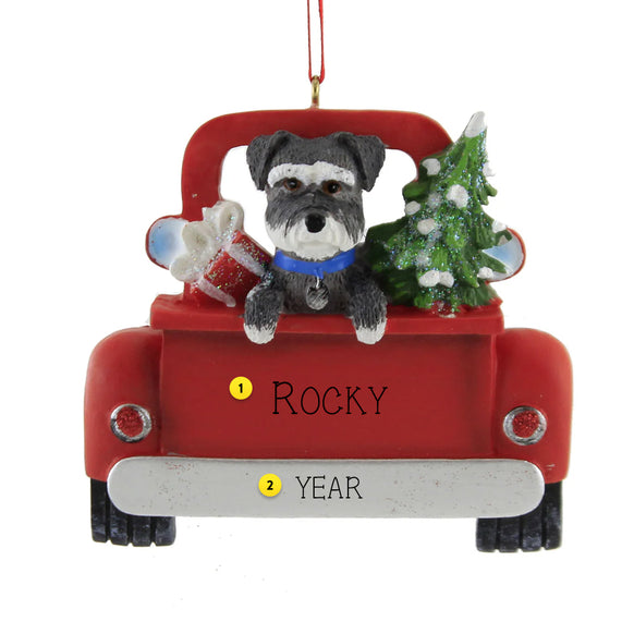 Personalized Schnauzer Dog in Back of a classic red Truck Ornament