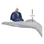 Glass ornament shaped like a baseball cap with a Mariners Logo and measurement indicator on a hand