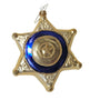 Personalized Sheriff Badge Ornament with gold six-point badge shape, blue center ring, glittered star detail, and hanging cord.