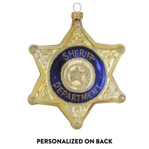 Personalized Sheriff Badge Ornament front view with Sheriff Department design and note indicating personalization is added on the back.