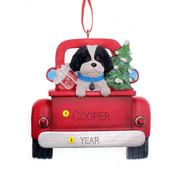 Personalized Black and white Shih-Tzu Dog in Back of Truck Ornament