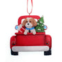 Decorative ornament of a Shih Tzu dog in a red truck can be personalized text on a white background.