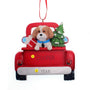 Decorative ornament of a Shih Tzu dog in a red truck can be personalized text on a white background.