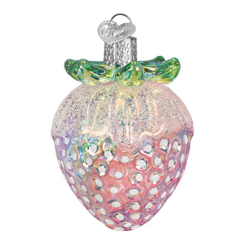 Decorative glass strawberry ornament with a multicolored pattern on a white background