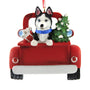 Personalized Siberian Husky Dog in Back of Truck Ornament with a tree and gift.