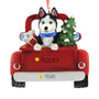 Personalized Siberian Husky Dog in Back of Truck Ornament with a tree and gift.