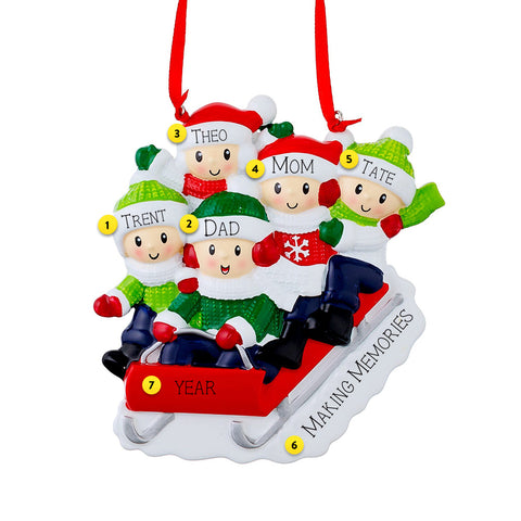 Sledding Family of 5 Personalized Ornament