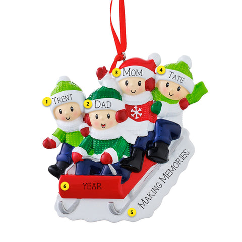Sledding Family of 4 Personalized Ornament 