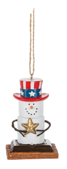 S’mores Americana ornament featuring a marshmallow snowman character wearing a red, white, and blue top hat and holding a gold star.