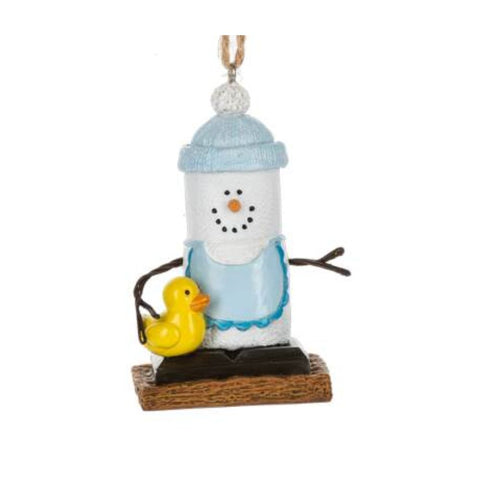 Baby boy Christmas ornament with a marshmallow snowman figure, blue winter accessories, twig arms, and graham cracker-style base details.