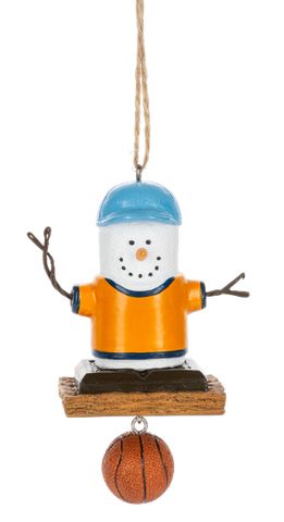 S’mores Basketball Fan ornament featuring a marshmallow character in an orange shirt and light blue cap with a dangling basketball accent.