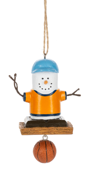 S’mores Basketball Fan ornament featuring a marshmallow character in an orange shirt and light blue cap with a dangling basketball accent.