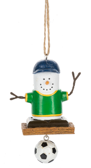 S’mores Soccer Fan ornament featuring a marshmallow character in a green shirt and navy cap with a dangling soccer ball accent.