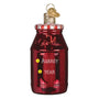 Red glass bottle-shaped back of Smucker's Jam Bottle ornament with text on a white background