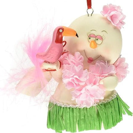 Department 56 Snowpinions Snow Birds ornament featuring a smiling snowman in a green grass skirt with pink flowers and a pink flamingo.