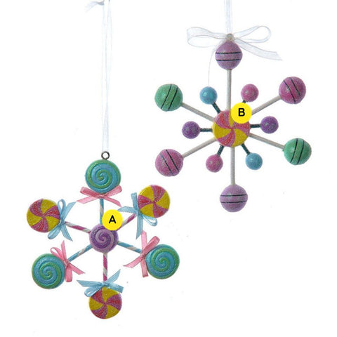 Snowflake candy ornaments in two pastel styles with colorful candy shapes and glittered details, sold separately.