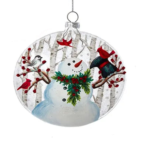Glass Snowman Disc With Cardinals Ornament