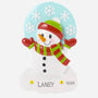 Colorful snowman ornament with a blue background and snowflakes, can be personalized