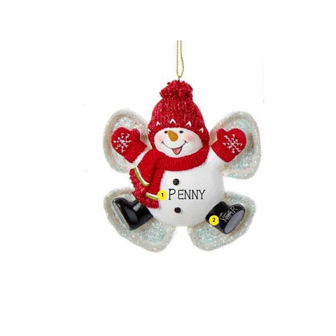 Personalized snowman snow angel ornament with a red glitter hat, scarf, mittens, sparkling wings, and space for a name and year.