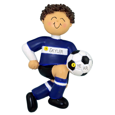 Personalized Soccer Ornament - Male with Brown Hair, Blue Uniform