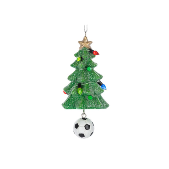 Soccer Christmas tree ornament with a glittered green tree, colorful Christmas lights, gold star topper, and dangling soccer ball.