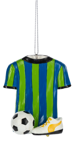Soccer jersey ornament featuring a blue and green striped shirt with a soccer ball and cleat at the base.