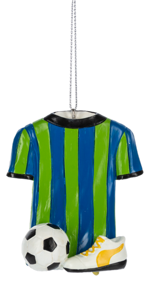 Soccer jersey ornament featuring a blue and green striped shirt with a soccer ball and cleat at the base.