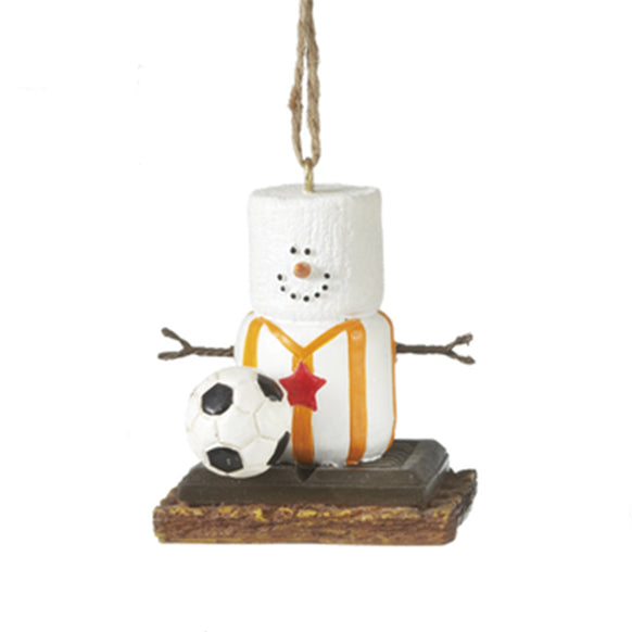 Decorative ornament shaped like a snowman s'more with a soccer ball, on a white background.