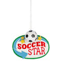 Soccer Star Sign ornament with a black and white soccer ball accent, gold stars, and a colorful oval sign with red lettering.