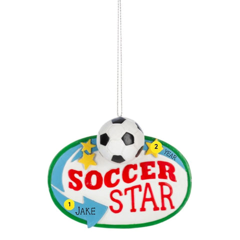 Personalized Soccer Star Sign ornament with a soccer ball accent, gold stars, and colorful sign design with space for a name and year.