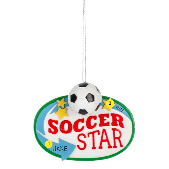 Personalized Soccer Star Sign ornament with a soccer ball accent, gold stars, and colorful sign design with space for a name and year.