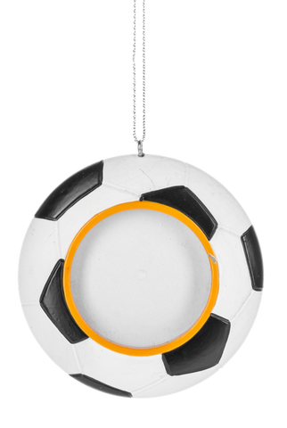 Soccer ball picture frame ornament shaped like a black and white soccer ball with a circular center opening for a photo.