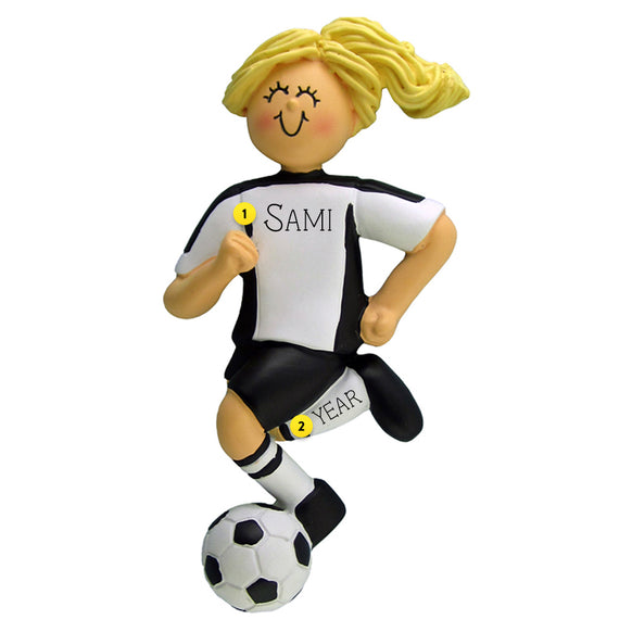 Soccer Blonde Girl in Black Uniform Ornament with soccer ball 