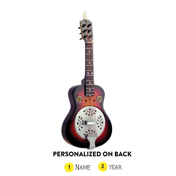 Personalized spider resonator guitar ornament with name and year added on the back