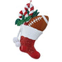 Sports stocking ornament with red glitter stocking, white cuff, candy canes, greenery, and a football.
