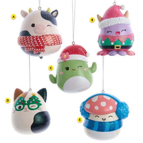 Squishmallow Christmas Ornaments including Cam, Beaula, Maritza, Cam, and Malcolm
