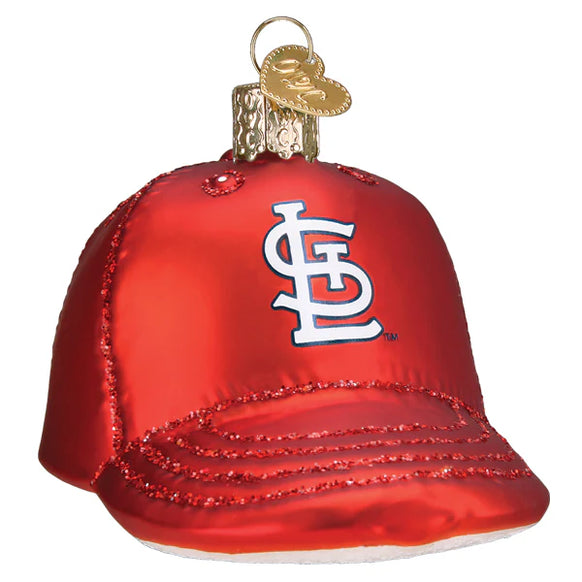 St. Louis Cardinal red baseball cap ornament with a logo on a white background