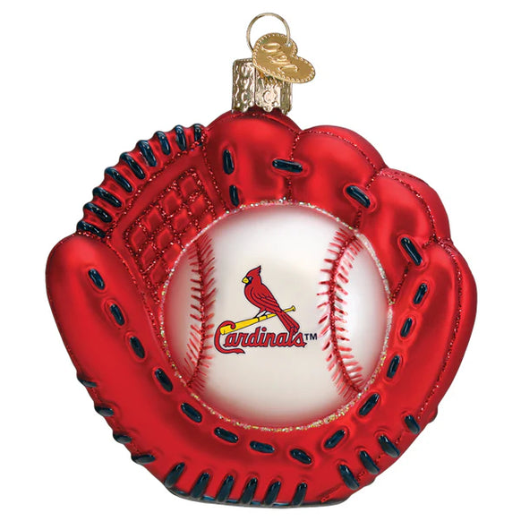 Decorative ornament shaped like a red baseball glove with a white ball featuring the St. Louis Cardinals logo on a white background.