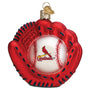 Decorative ornament shaped like a red baseball glove with a white ball featuring the St. Louis Cardinals logo on a white background.