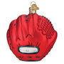 St. Louis Cardinal red baseball glove ornament with 'MLB' on a white background Back of ornament